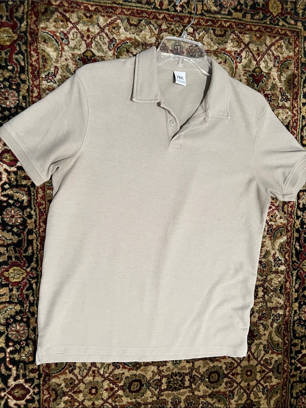 Zara Men Light Beige Short-Sleeve Textured Polo Size Large